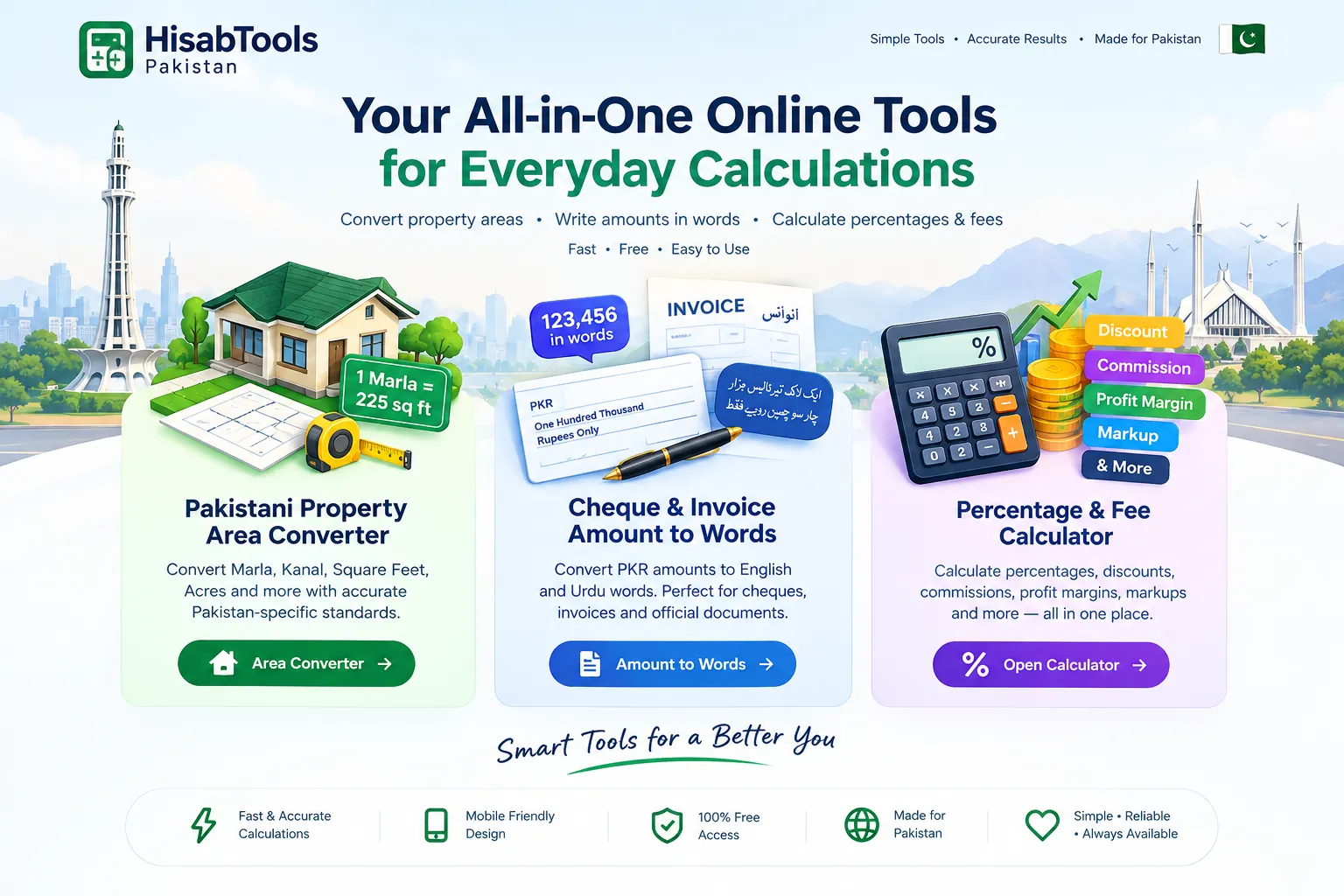 HisabTools Pakistan banner showing the three tools: Pakistani property area converter, cheque and invoice amount to words, and percentage and fee calculator