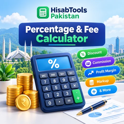 Percentage and fee calculator illustration showing a calculator with discount, commission, profit margin and markup labels